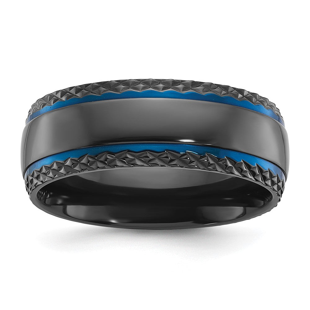 Black Zirconium Polished Blue IP-plated w/ Textured Edge 8mm Band