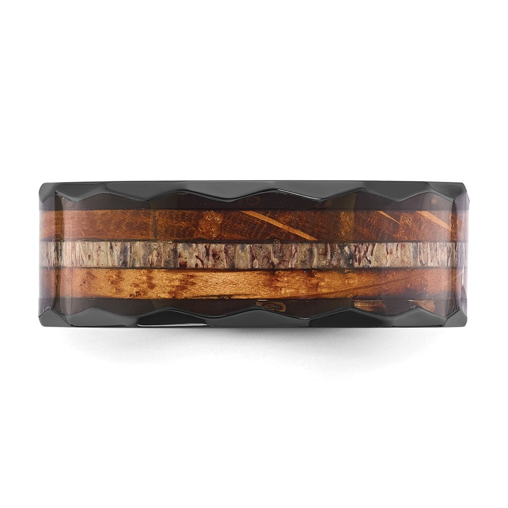 Black Zirconium Polished Faceted w/Wood and Deer Antler Inlay Band
