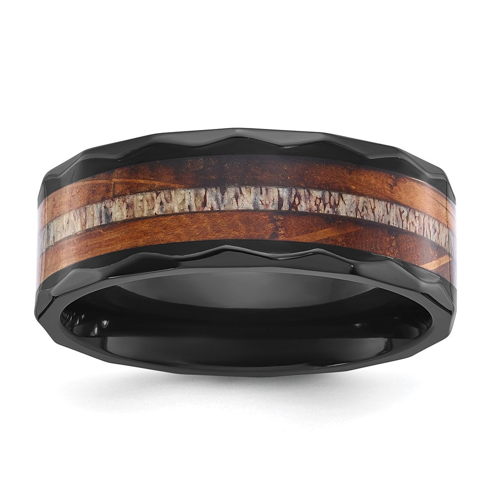 Black Zirconium Polished Faceted w/Wood and Deer Antler Inlay Band