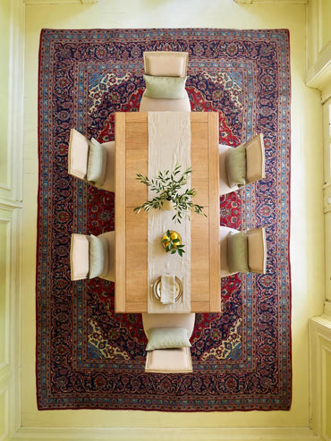 Hand Knotted Persian Vintage Rug ABC-PER-411, 12 ft 0 in x 9 ft 0 in, in dining room, light oak table and ivory chairs on rug, natural colors