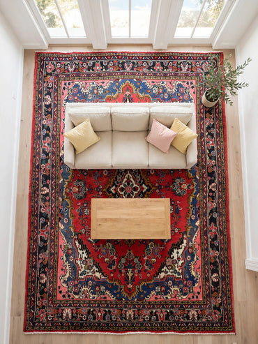 Hand Knotted Persian Vintage Rug ABC-PER-415, 10 ft 5 in x 7 ft 0 in, in living room, light happy furniture on rug, natural colors