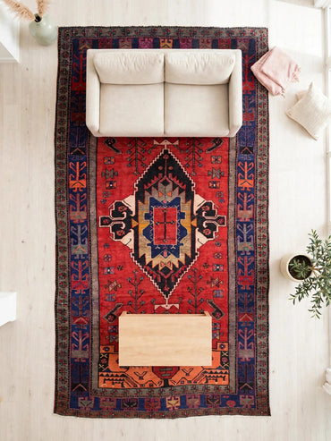 Hand Knotted Persian Vintage Rug ABC-PER-675, 10 ft 1 in x 5 ft 3 in, in living room, light happy furniture on rug, natural colors
