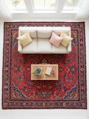 Hand Knotted Persian Vintage Rug ABCR06710, 10 ft 6 in x 7 ft 5 in, in living room, light happy furniture on rug, natural colors