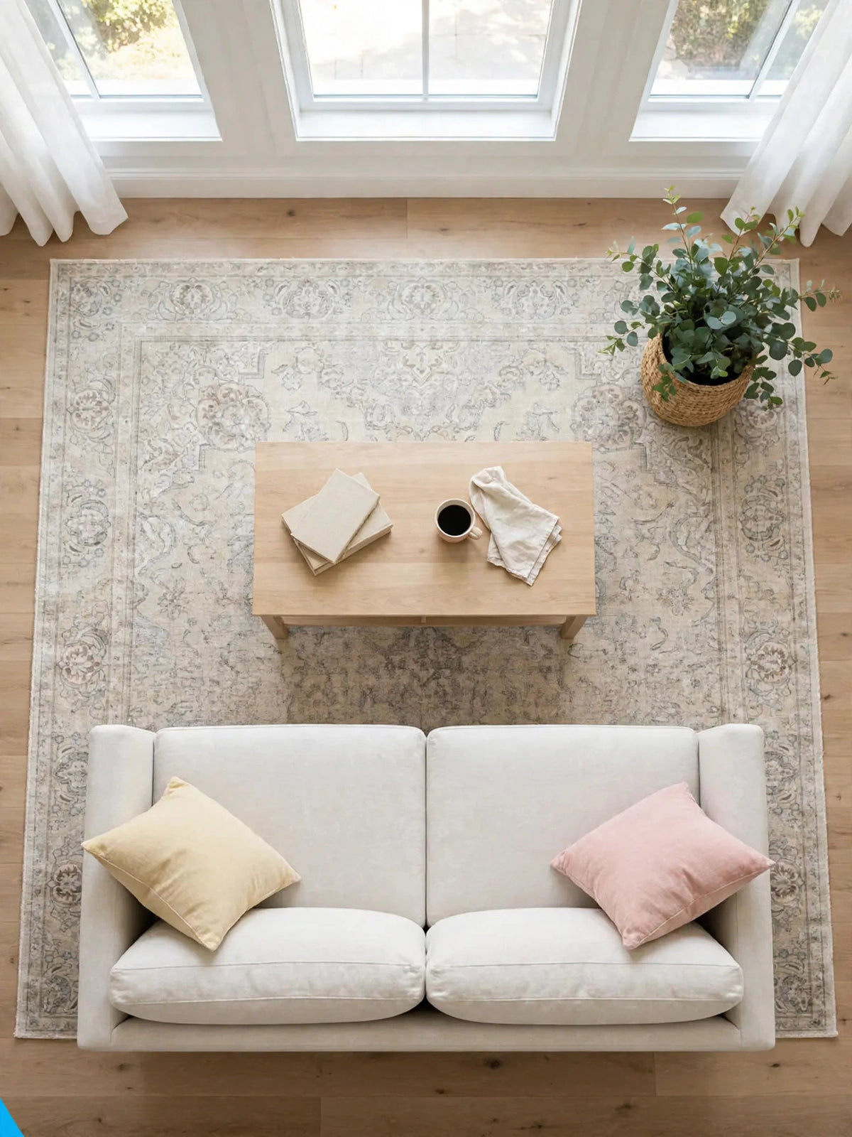 Hand Knotted Persian Rug R15473, 12 ft 11 in x 9 ft 8 in, in living room, light happy furniture on rug, natural colors