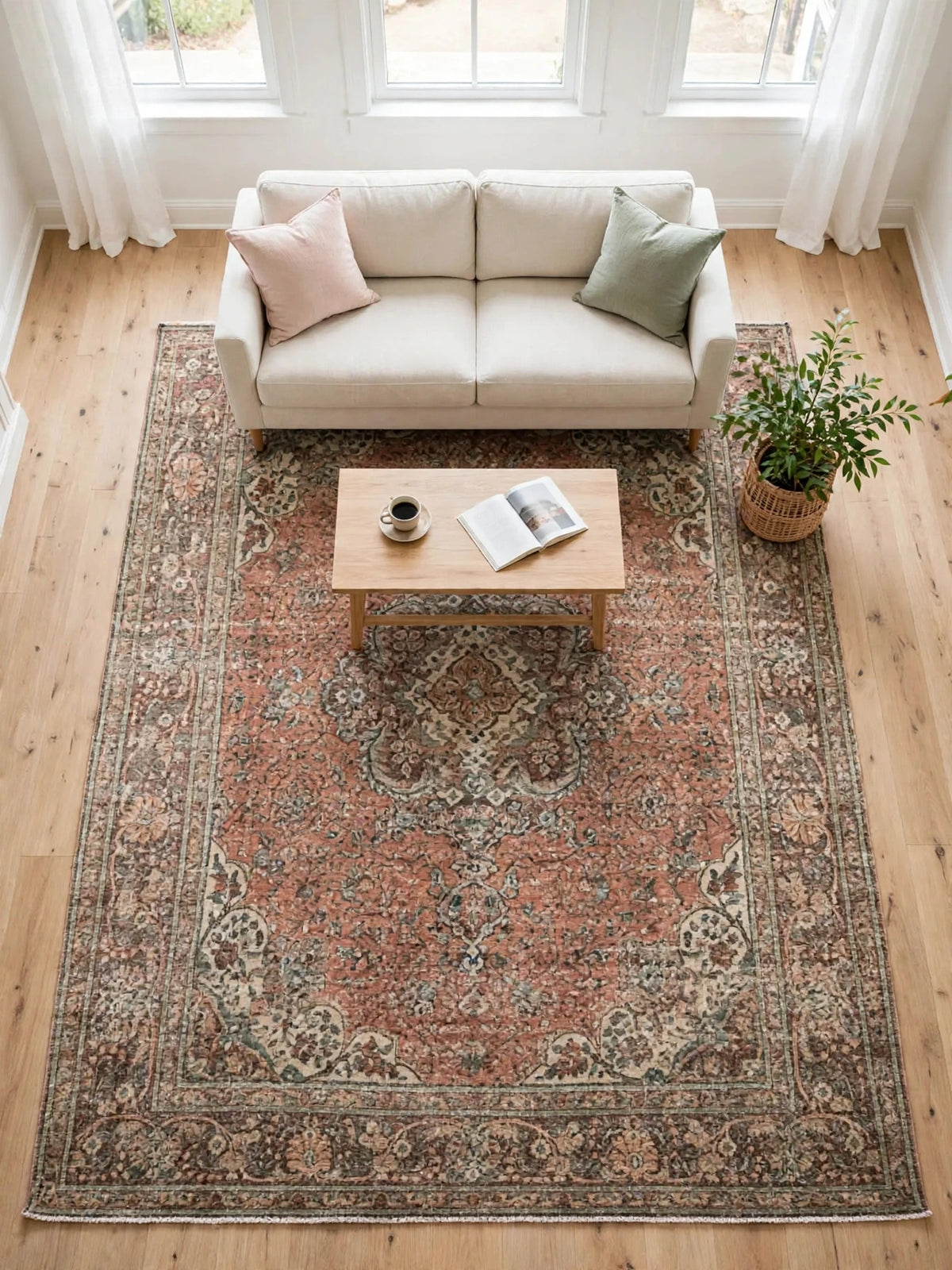 Hand Knotted Persian Rug R15490, 12 ft 9 in x 9 ft 10 in, in living room, light happy furniture on rug, natural colors