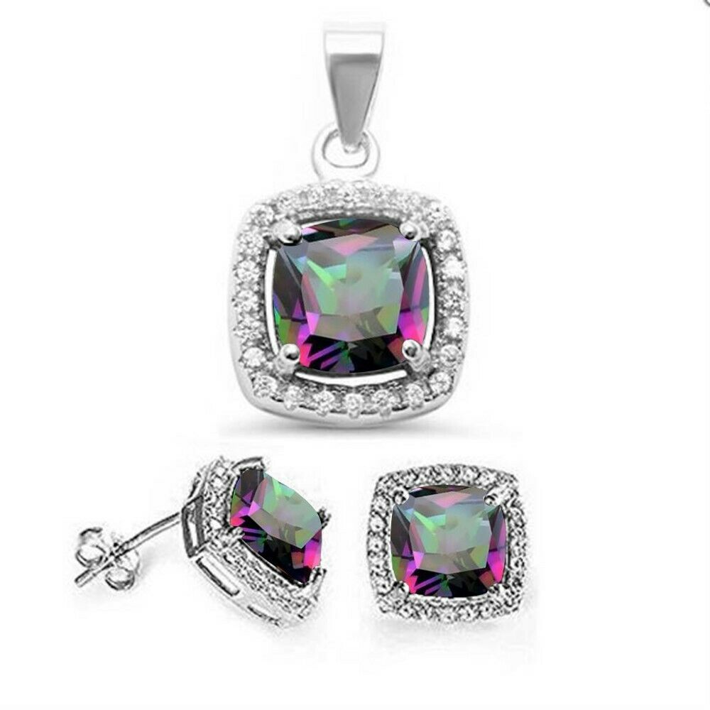 Cushion Rainbow Topaz & Cubic Zirconia .925 Sterling Silver Pendant & Earring Set ABC Rugs Kilims